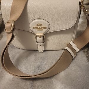 Coach Pebbled Leather White Crossbody Bag with Tan Strap